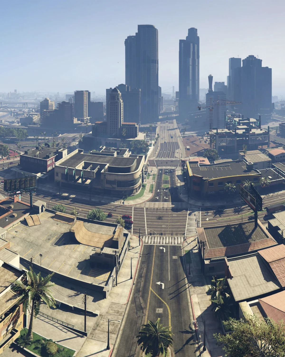 Downtown Los Santos office towers and business streets in clear daylight