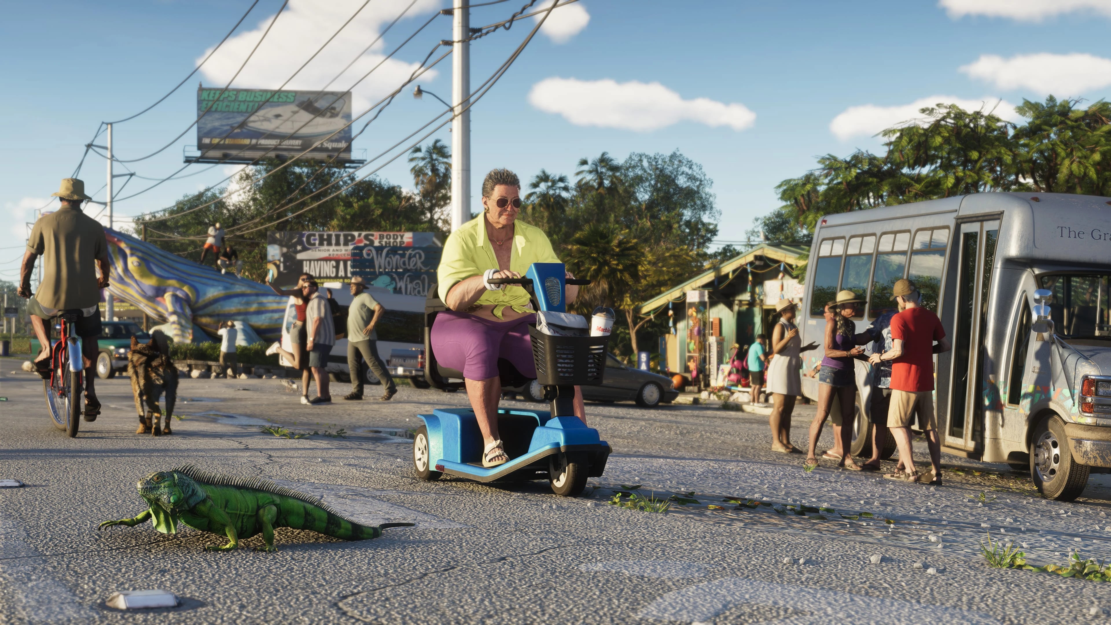 A working dog moving through a busy Leonida Keys street market
