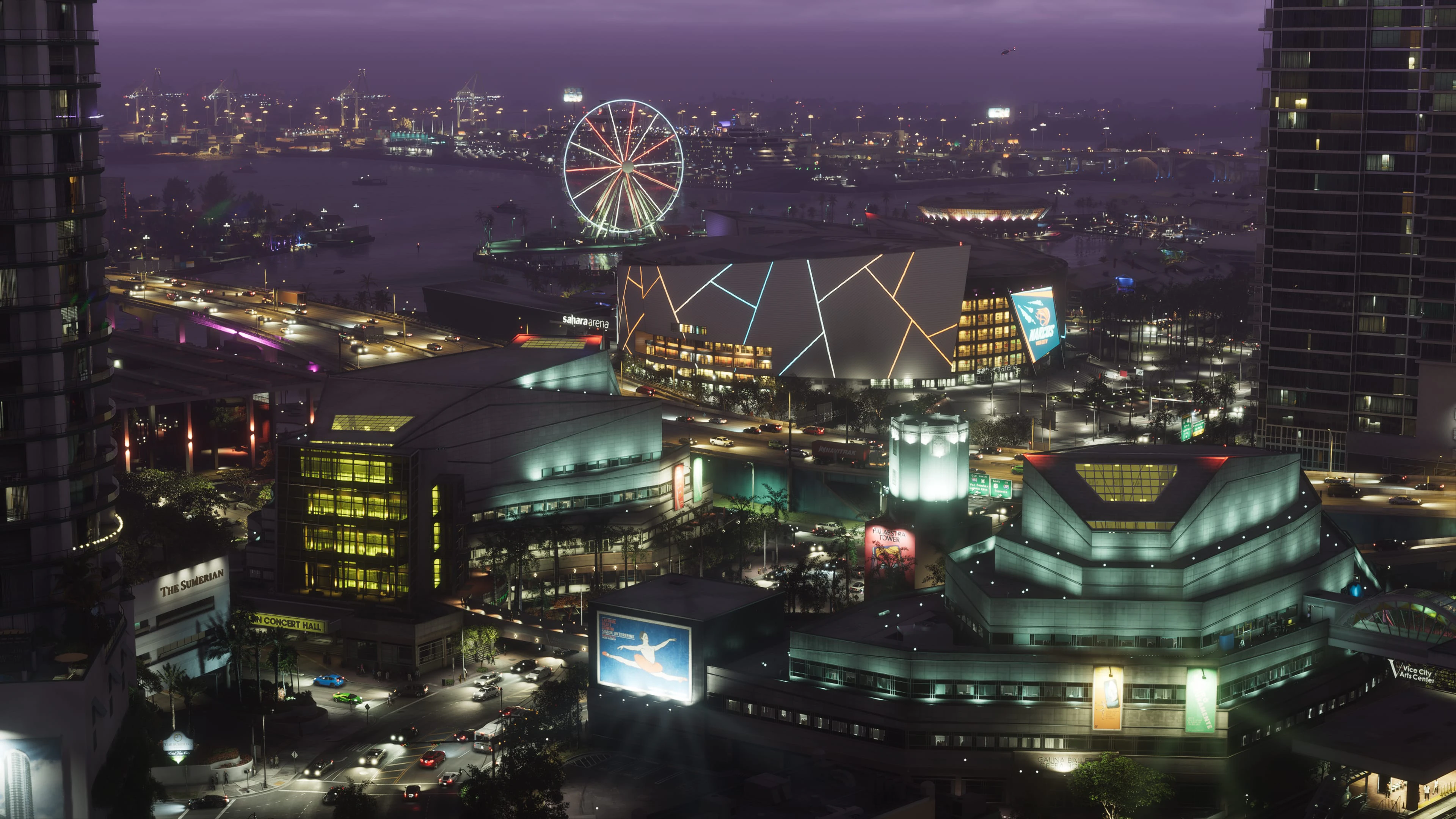 A financial, entertainment, and transport district operating across Vice City after dark