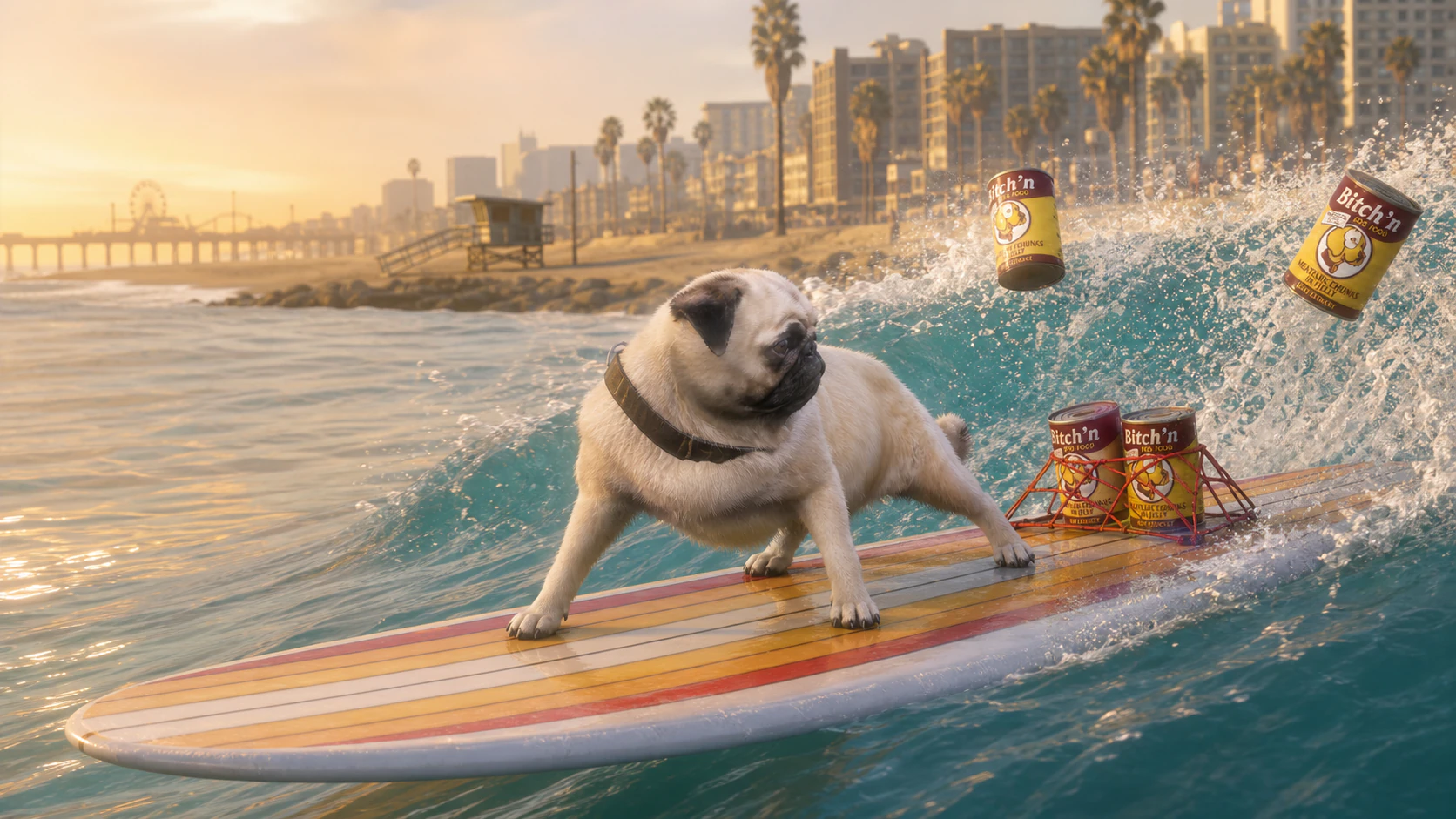 A Pug riding a surfboard through a Los Santos wave with cans of Bitch'N Dog Food in the spray