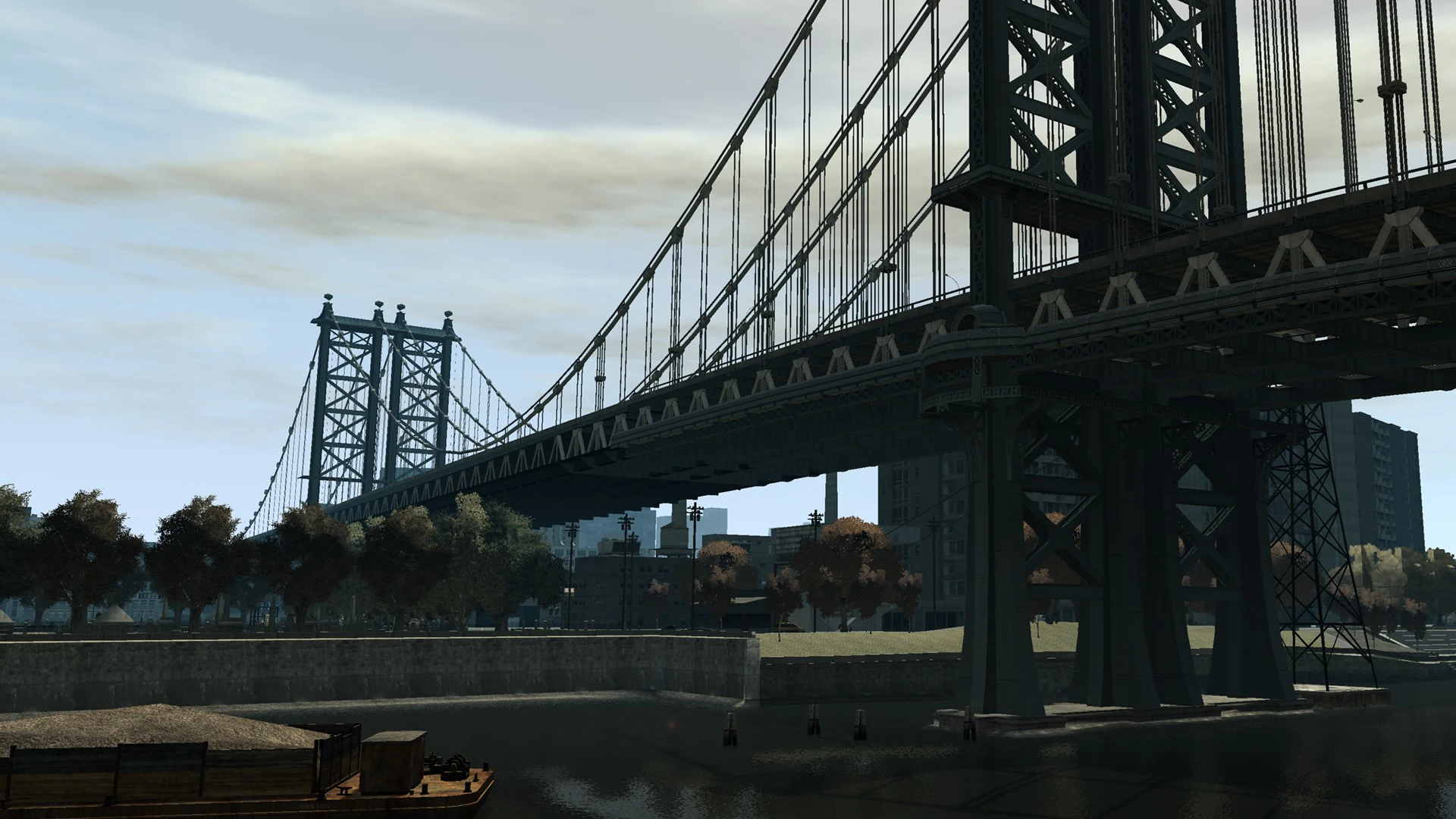 The Algonquin Bridge spanning the river beneath a pale Liberty City sky