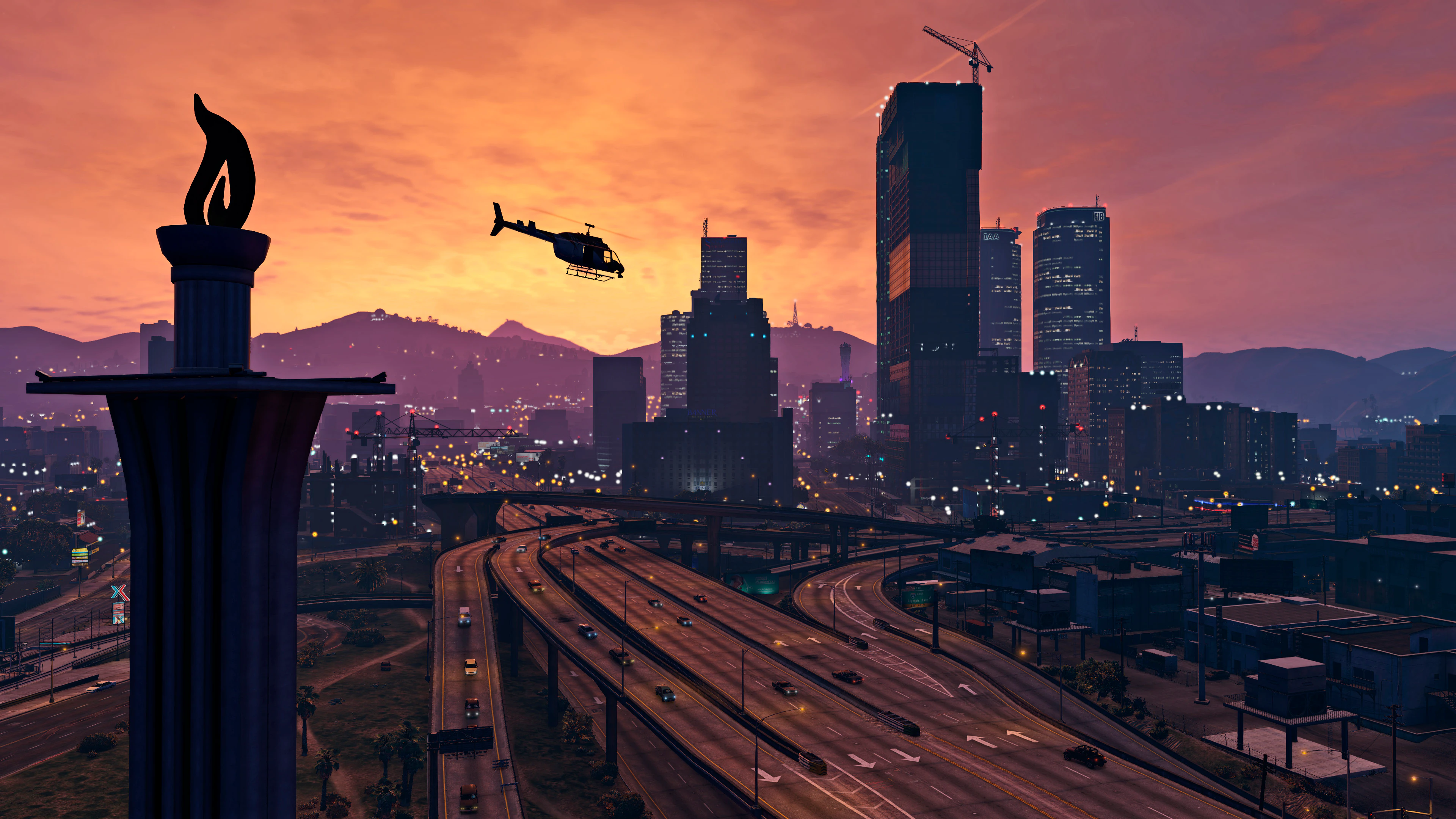 A Palisade Pictures aerial unit crossing the Vinewood skyline at sunset
