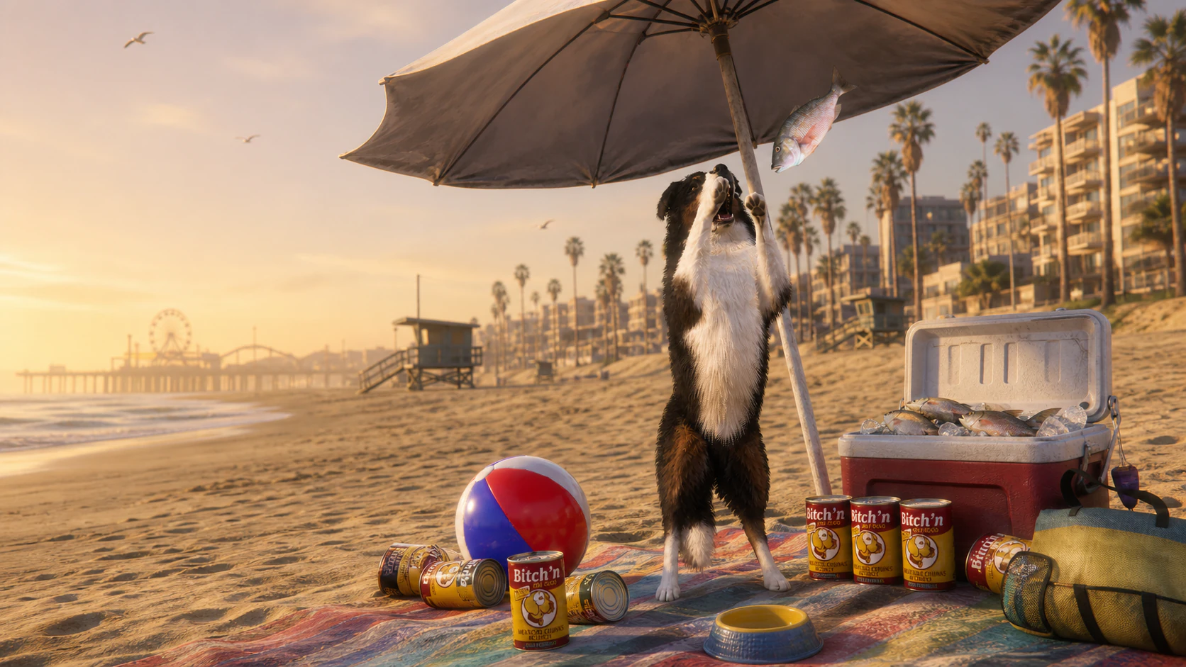A Border Collie reaching for fish beside Bitch'N Fishlike Flakes cans on Vespucci Beach