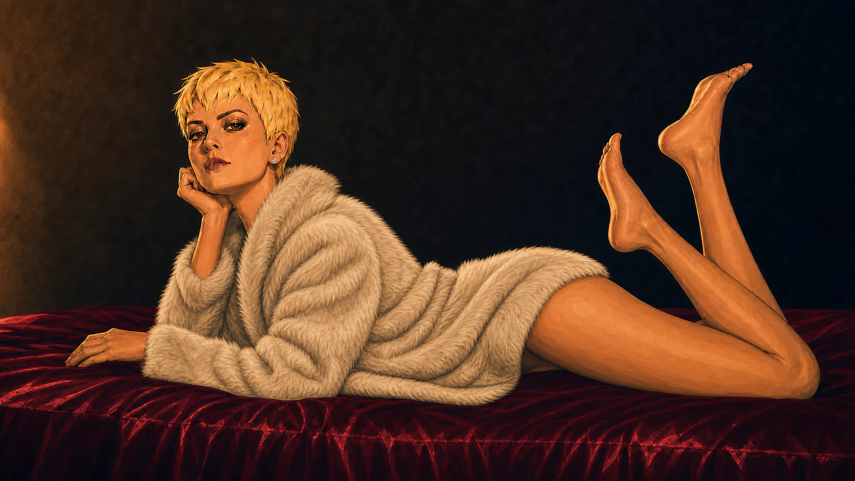 Rachel Love lying across a ruby bed wrapped in a champagne faux-fur coat