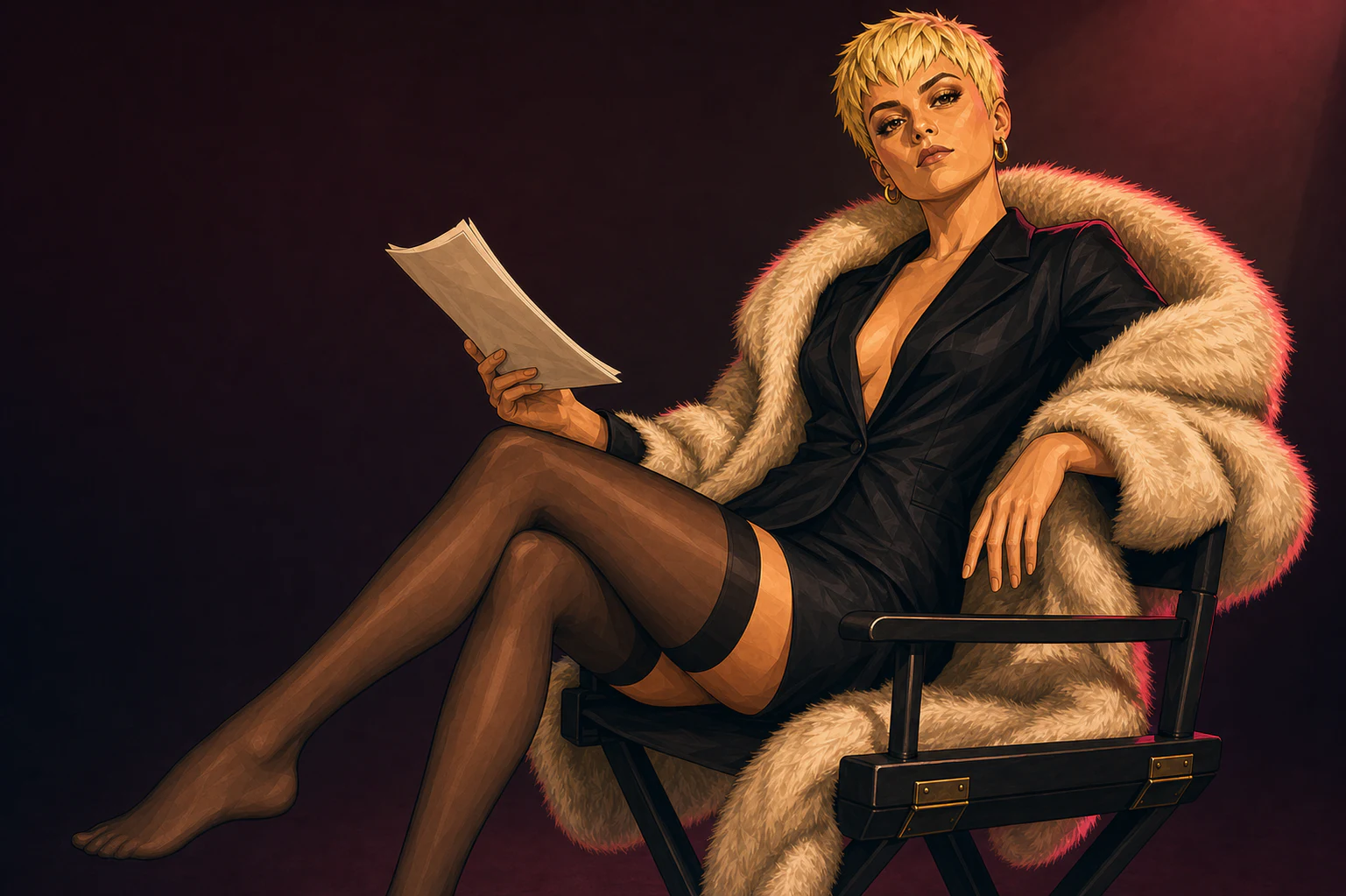 Rachel Love seated in a director's chair holding a production call sheet