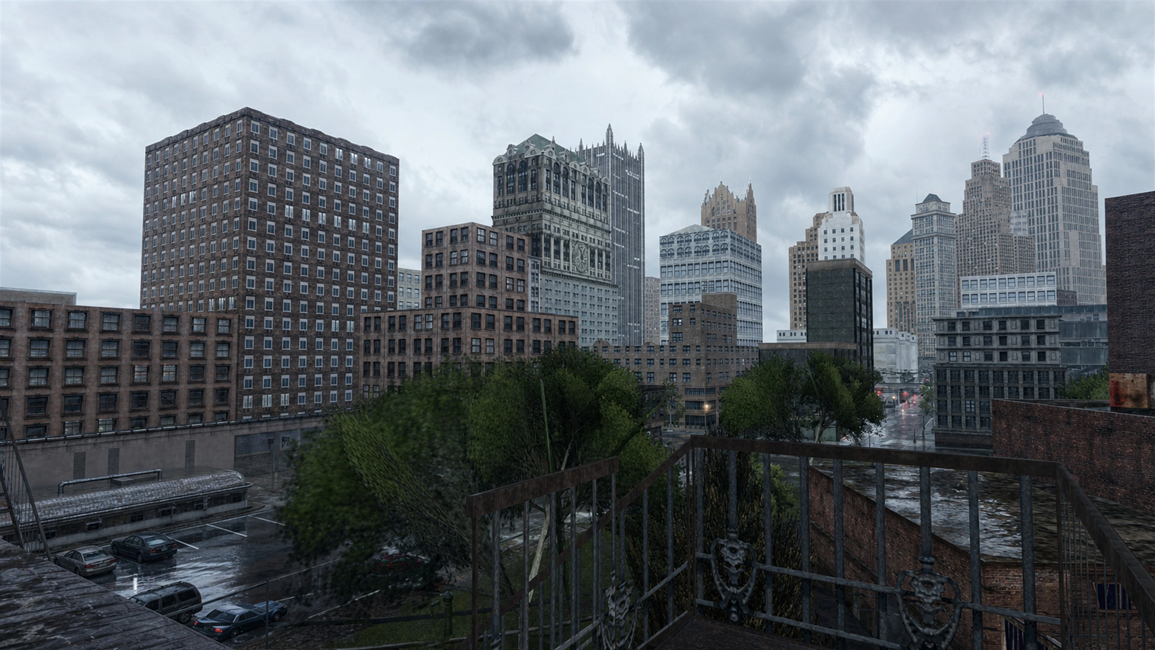 Carcer City's rain-darkened industrial skyline beneath a hard gray sky