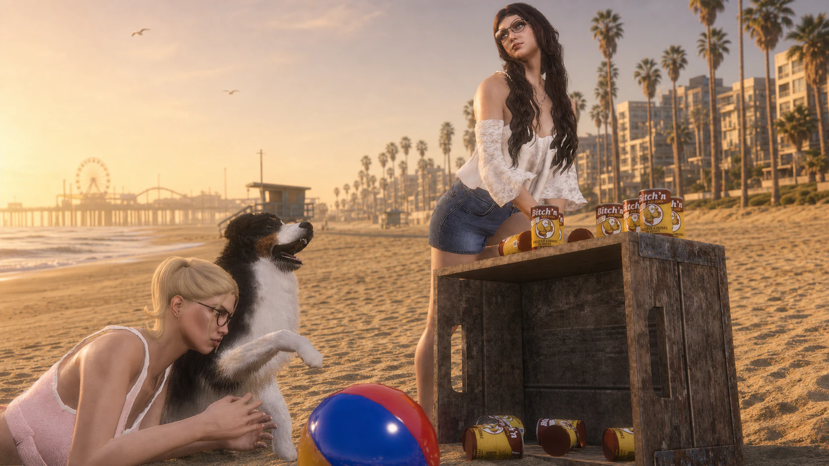 Two adult campaign models, a Border Collie, a beach ball, and Bitch'N Dog Food cans arranged around a wooden crate on a Los Santos beach