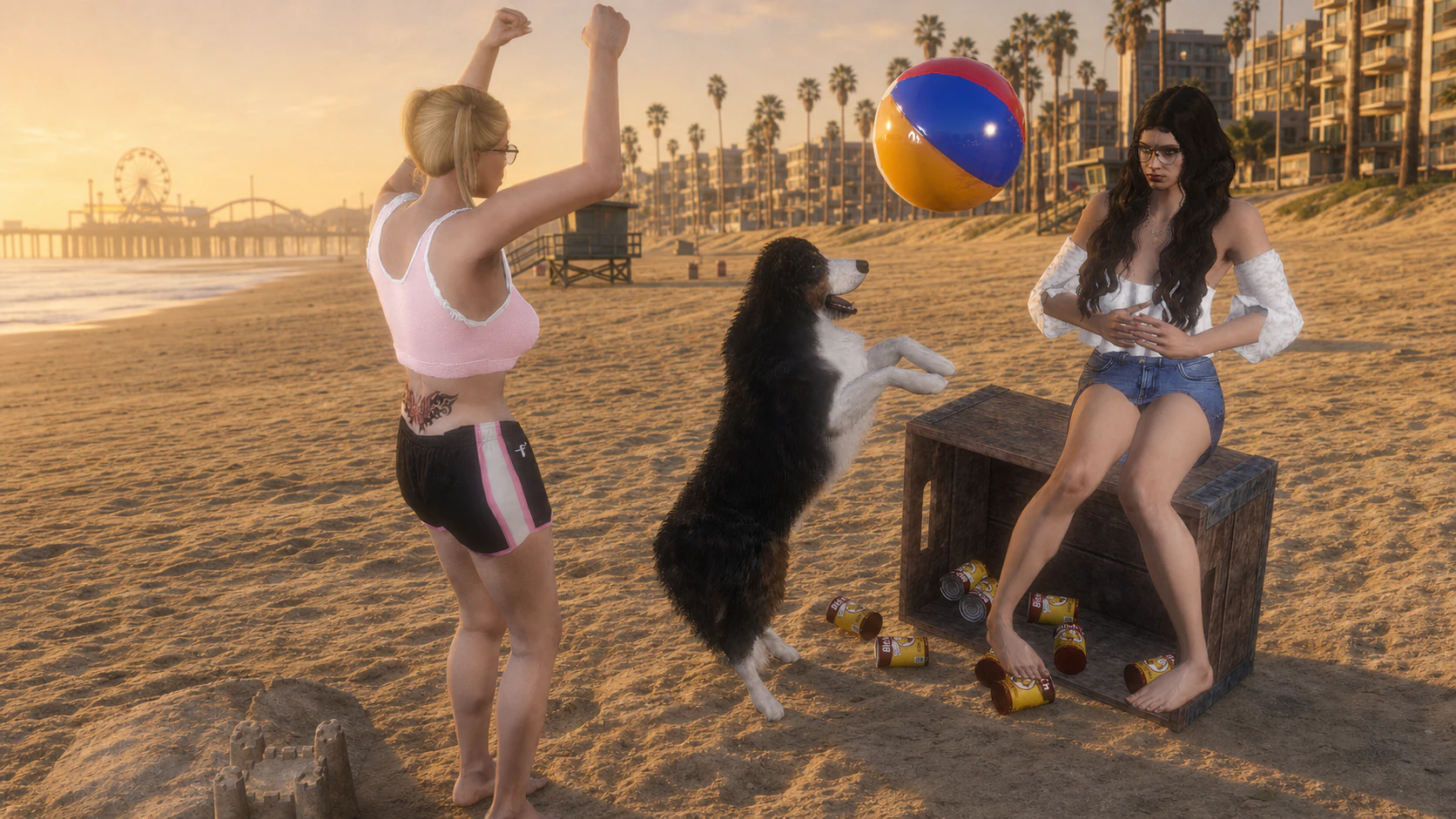 Two adult campaign models watching a Border Collie perform a trick beside Bitch'N cans, a crate, beach ball, and sandcastle