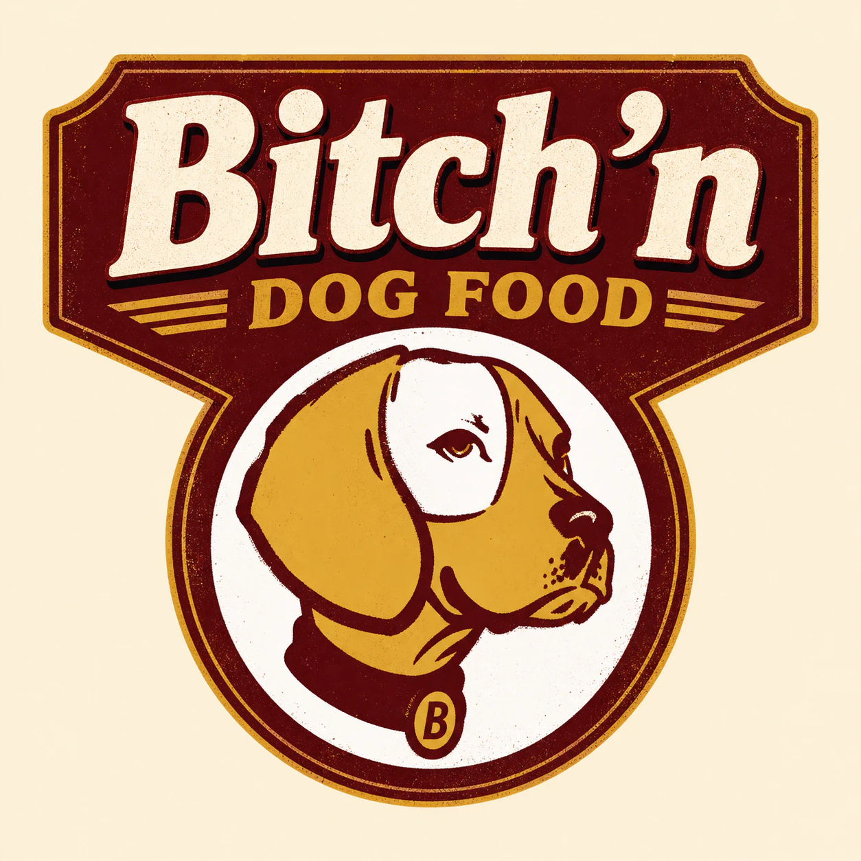 The restored Bitch'N Dog Food mark with a floppy-eared dog in a circular medallion
