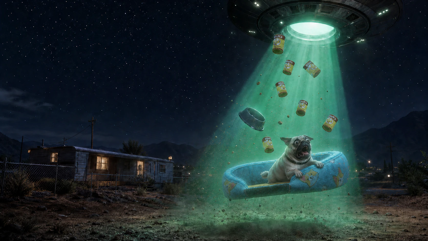 A Pug, its blue dog bed, bowl, and cans of Bitch'N Dog Food rising through a UFO tractor beam over a Blaine County trailer yard