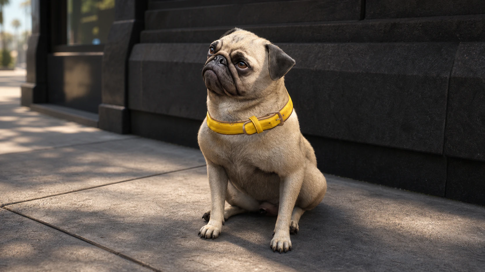 A Pug with a yellow collar sitting on a Los Santos sidewalk