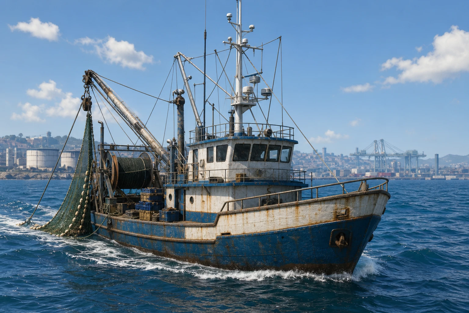 A Crown and Anchor commercial fishing boat working off Los Santos in clear daylight