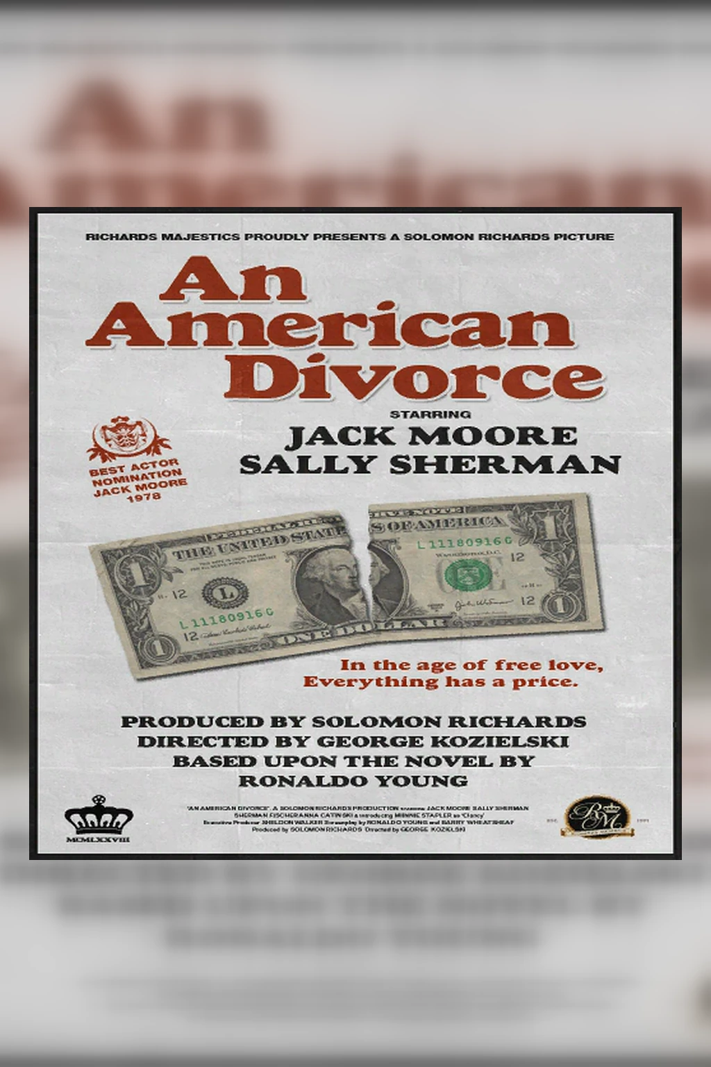 The original An American Divorce poster with a torn dollar bill beneath the title