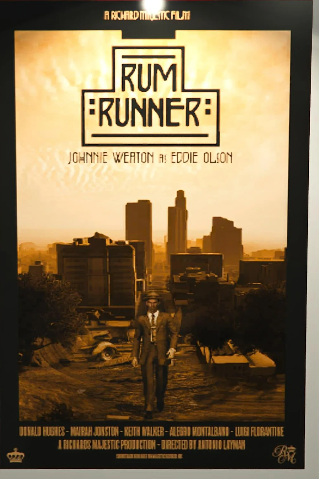 The original Rum Runner poster with Eddie Olson walking away from the Los Santos skyline