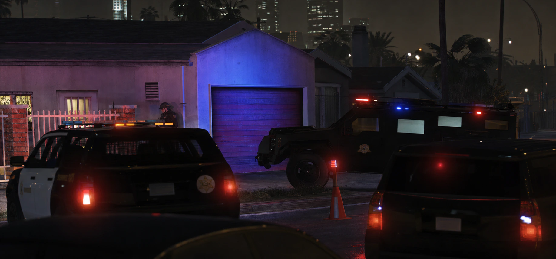 Editorial reconstruction of sheriff's vehicles and tactical personnel during the Brouge Avenue investigation