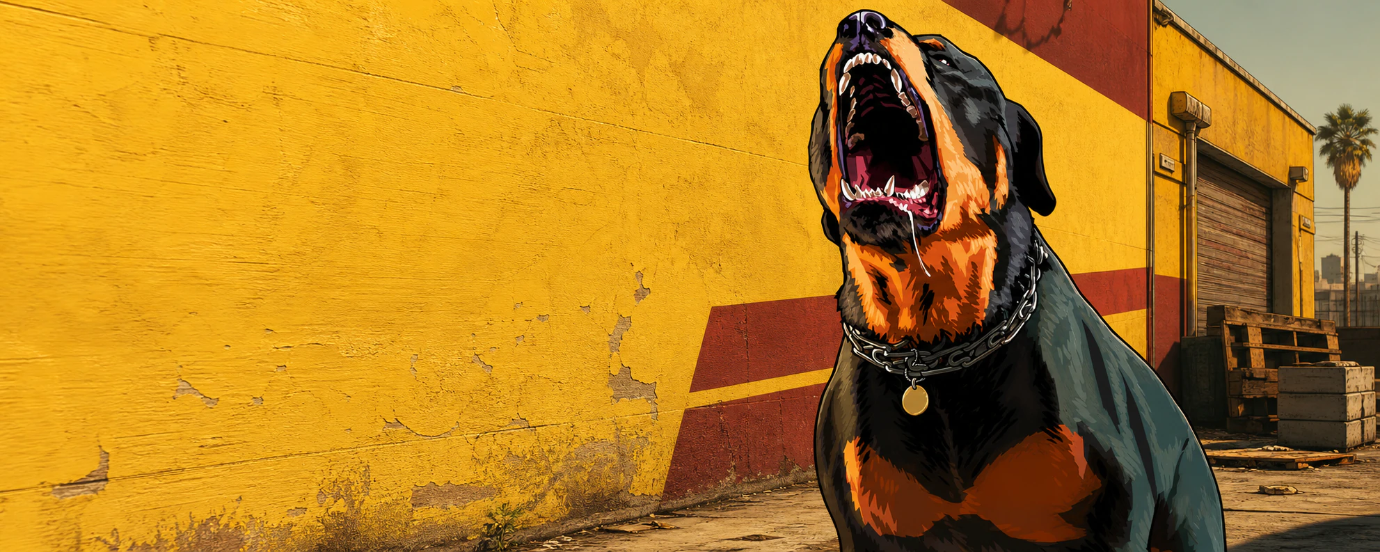 A snarling black-and-tan Rottweiler barking outside a Los Santos loading dock