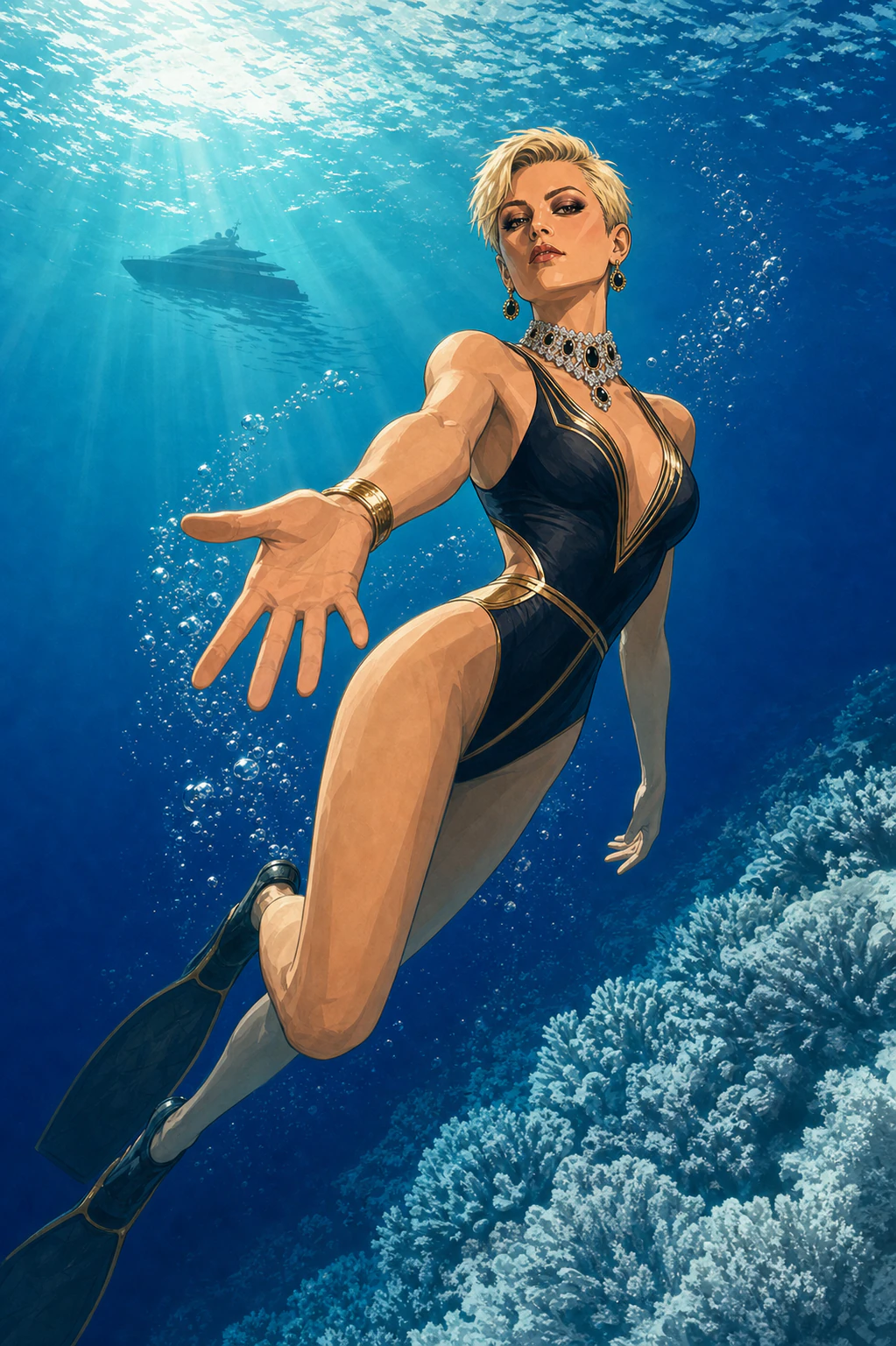 Roxanne Love reaching toward the camera while free-diving above coral
