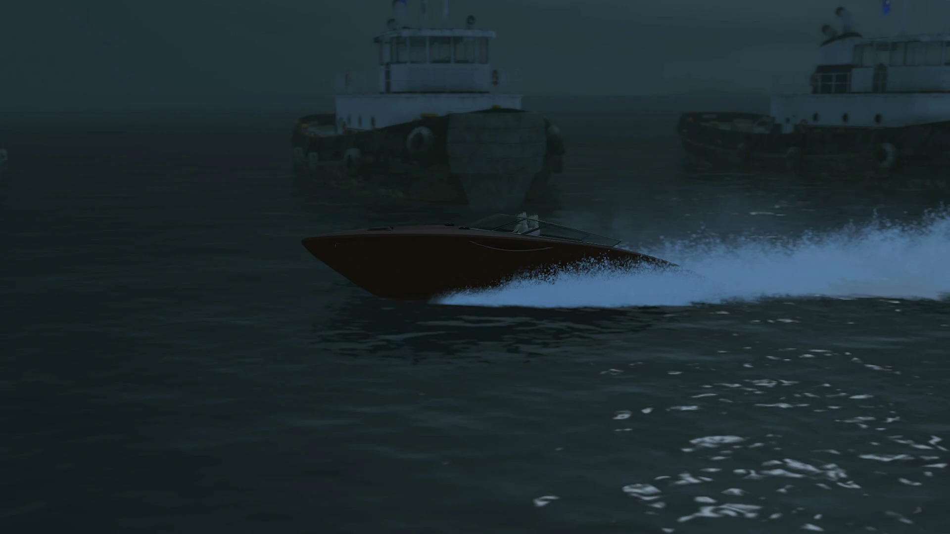 Crown and Anchor fishing boats working together off the island coast after dark