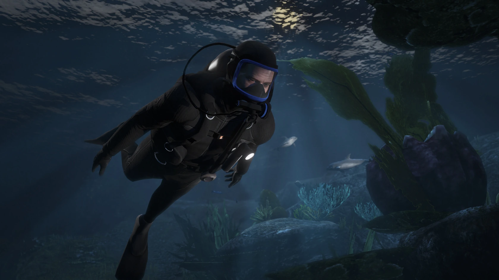 A subsea field diver moving through kelp and rock beneath the coastal surface