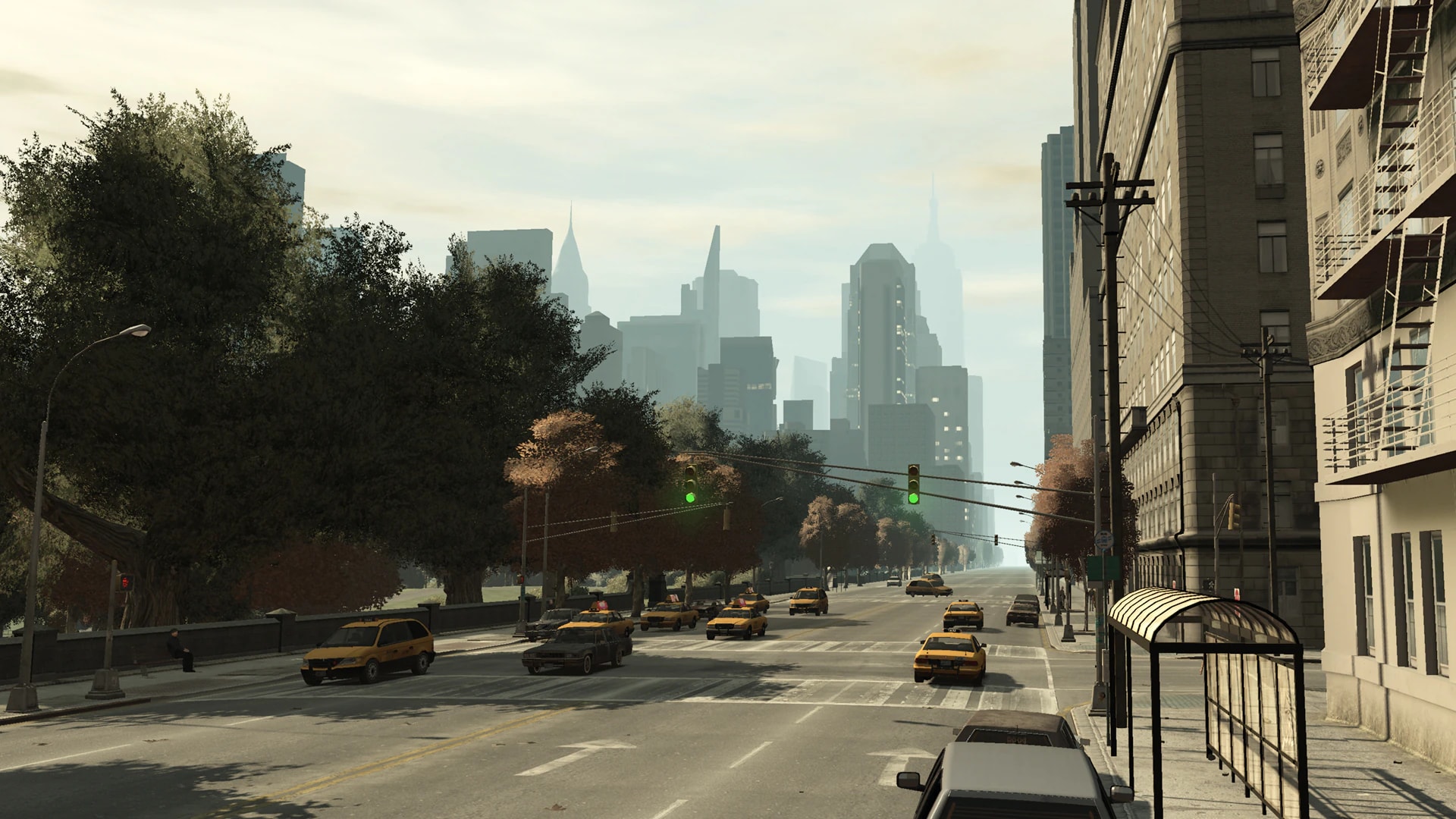 Yellow taxis moving through morning traffic on Frankfort Avenue