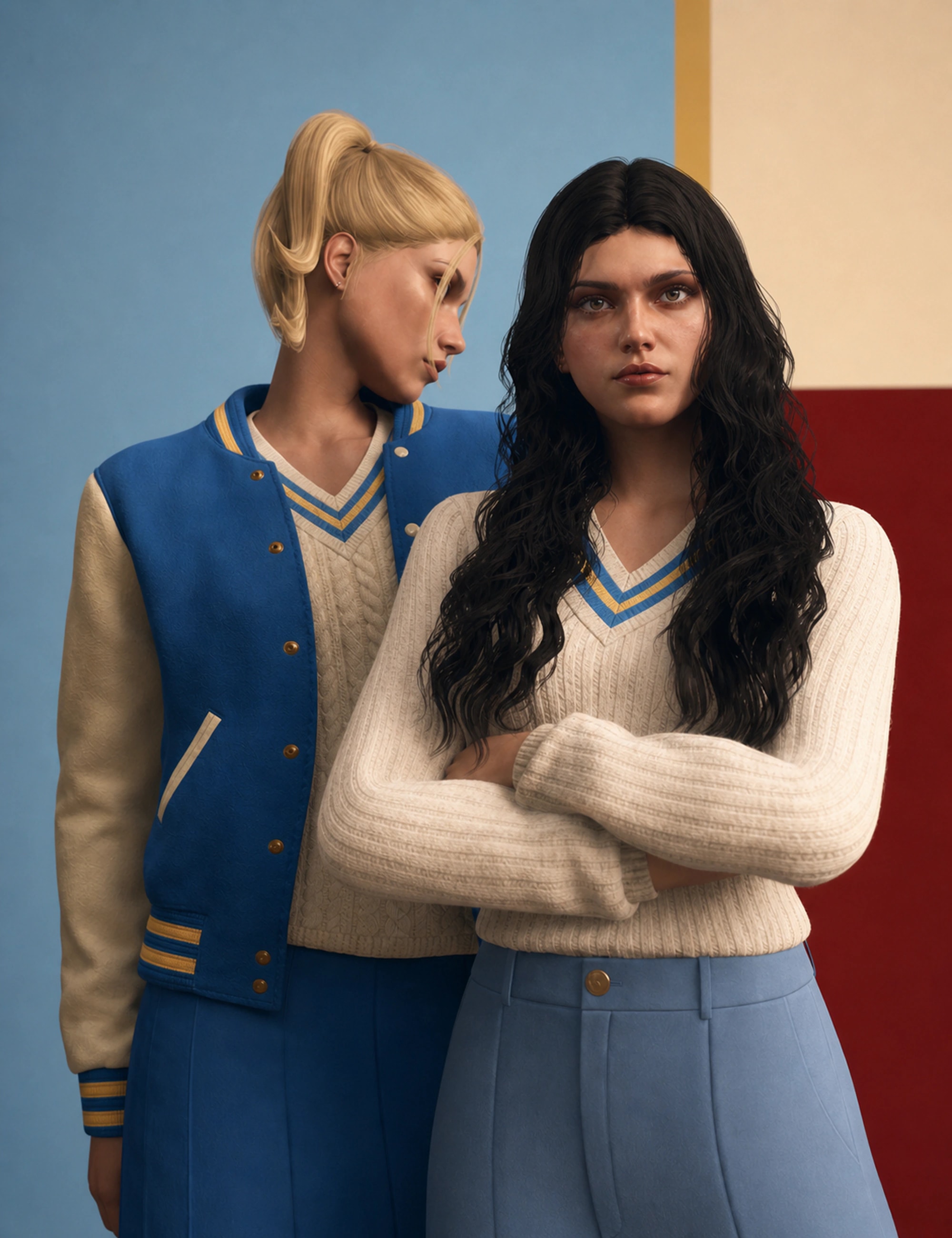 Two fictional adult ULSA alumni in powder-blue, cream, and gold collegiate tailoring against a graphic studio backdrop