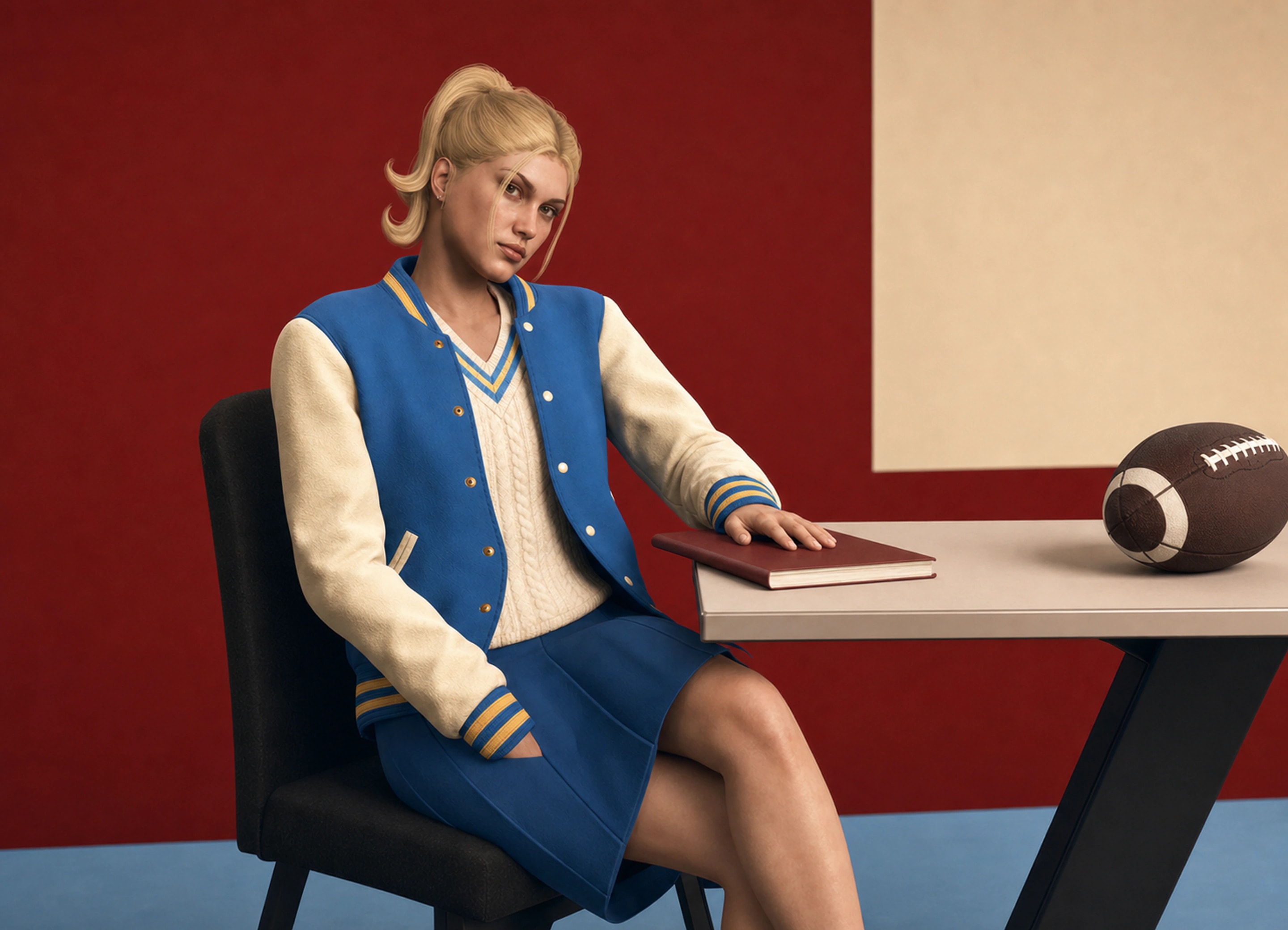 A fictional adult ULSA alumna seated with a red notebook on a cream, powder-blue, and oxblood studio set