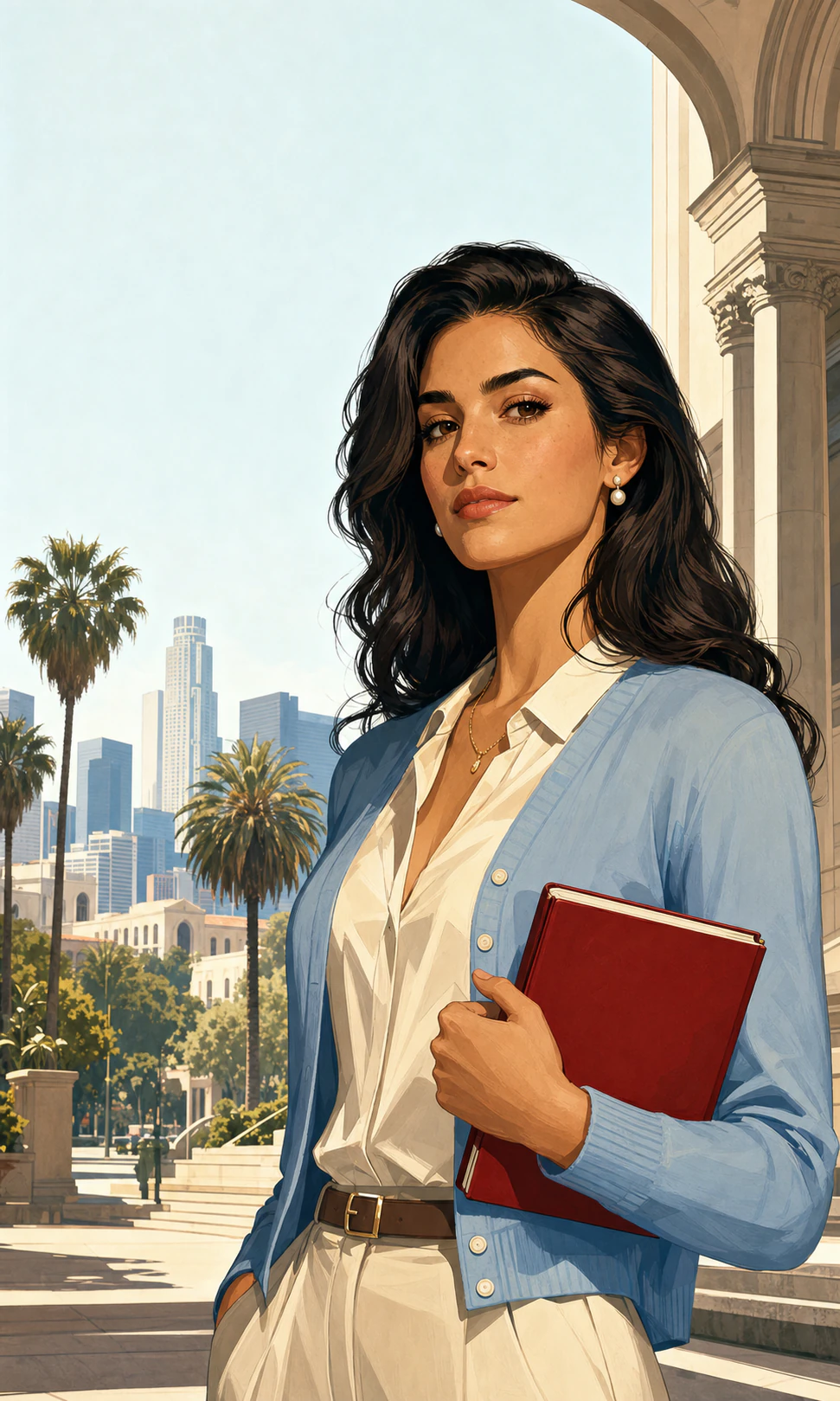 Camille Vega, an adult ULSA honors finalist, holding a red book beneath a Los Santos campus arch