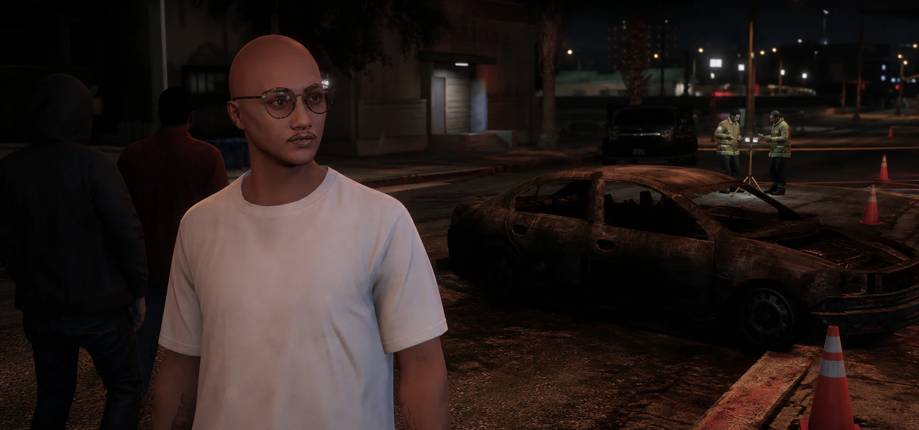Editorial reconstruction of Aiden Peralta watching investigators examine a burned car on Calais Avenue