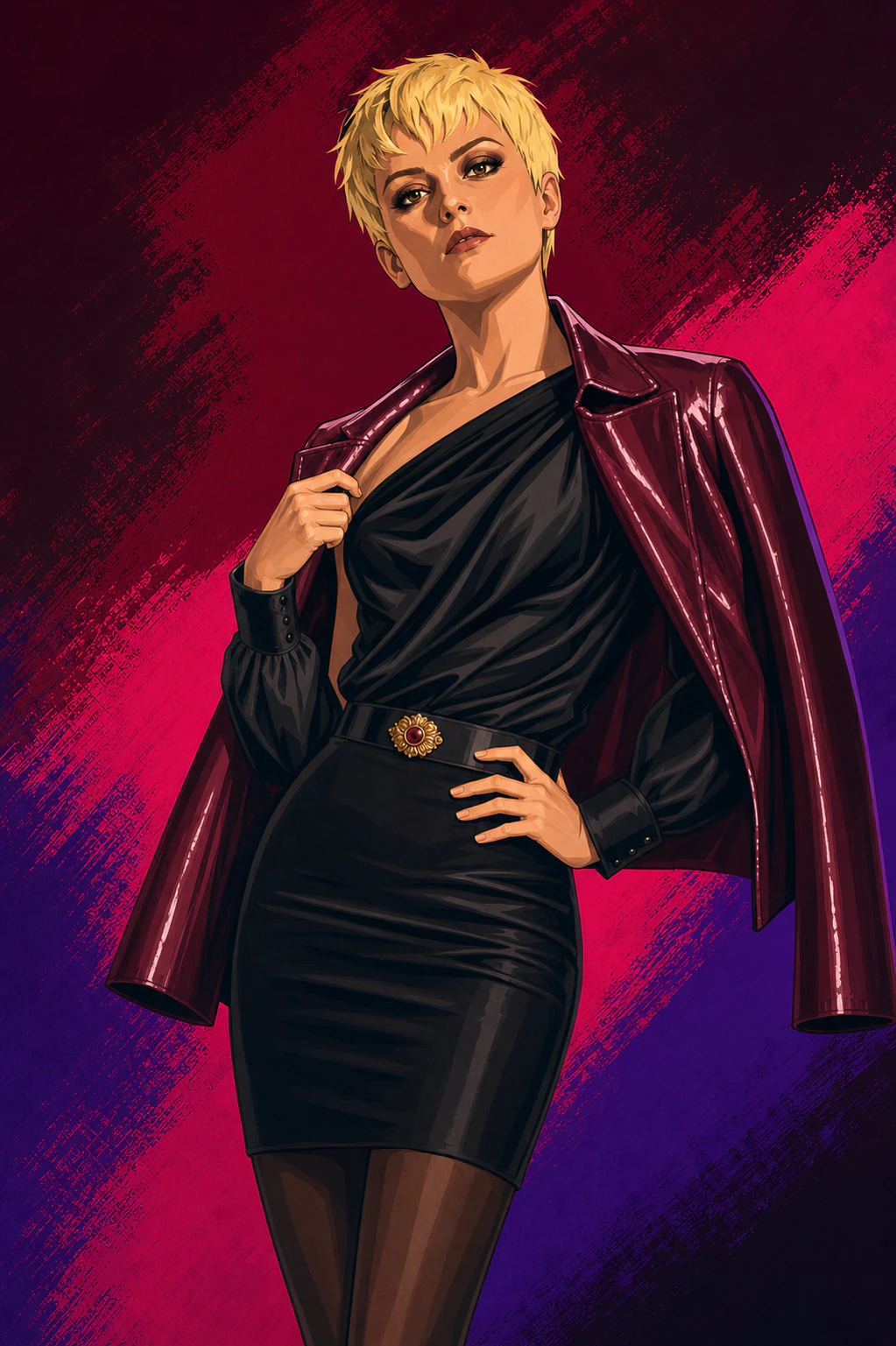 Illustrated portrait of Rachel Love in black and oxblood