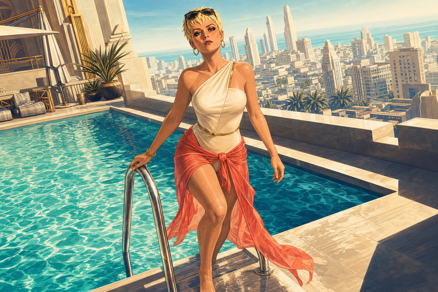 Rachel Love stepping from a rooftop pool in ivory resort fashion
