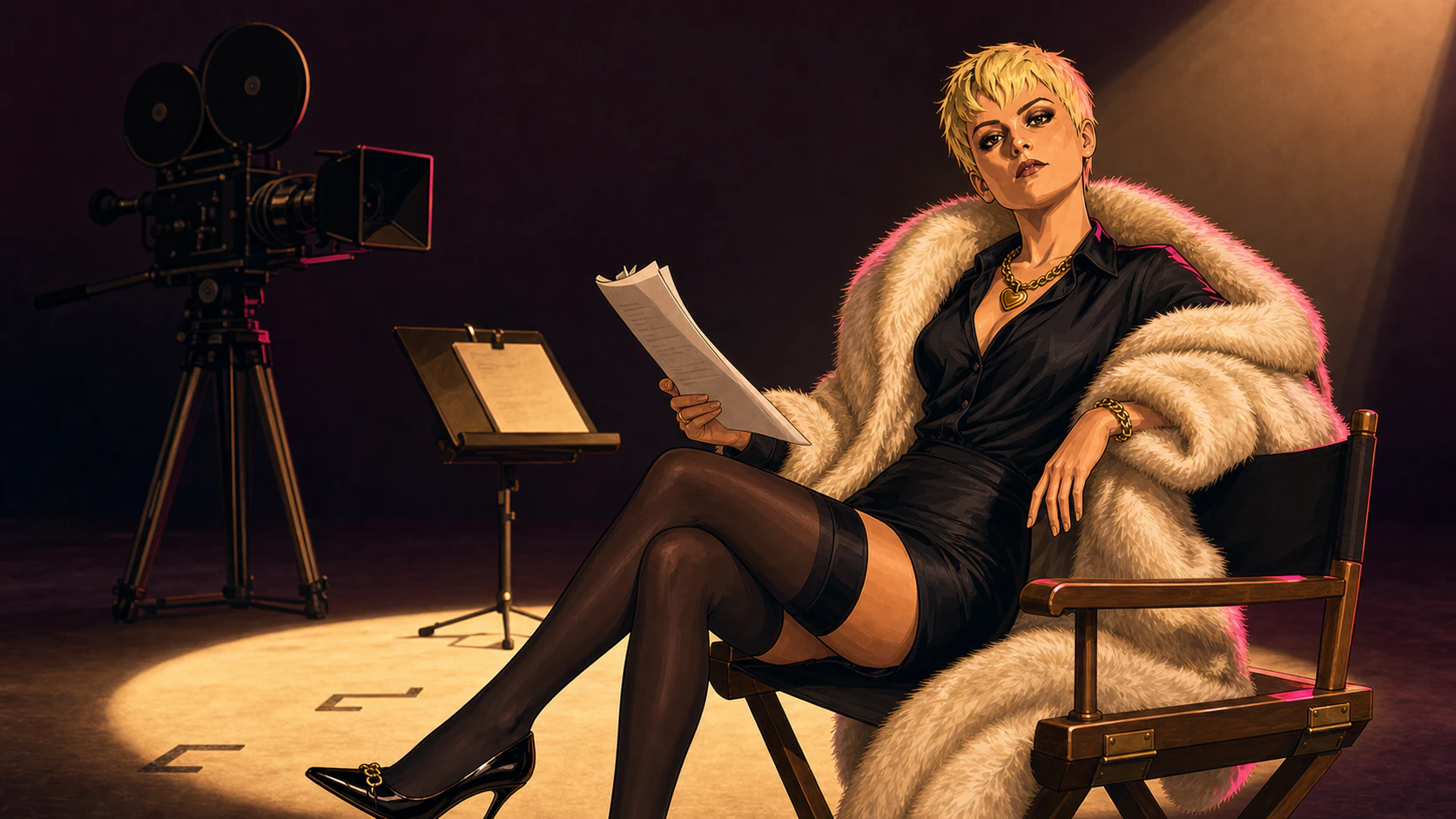 Rachel Love seated beneath a stage light for a Palisade screen test