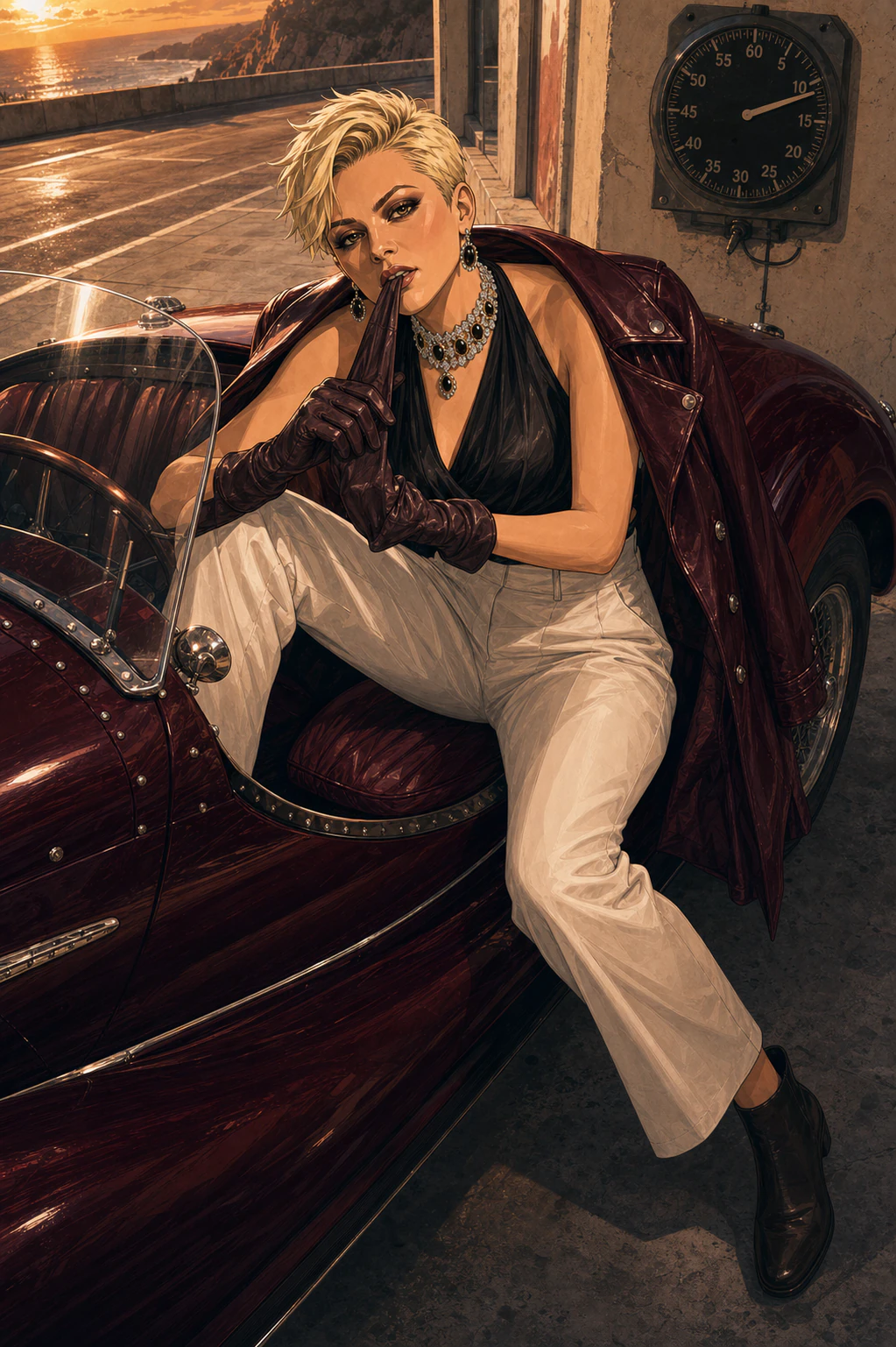 Roxanne Love pulling on a driving glove inside an oxblood roadster cockpit