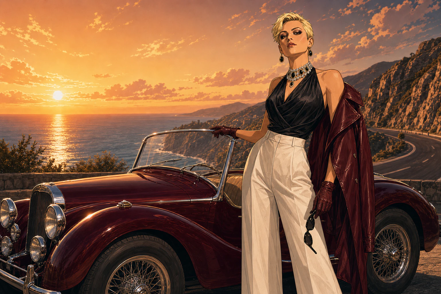 Roxanne Love standing beside her parked oxblood roadster above the coast